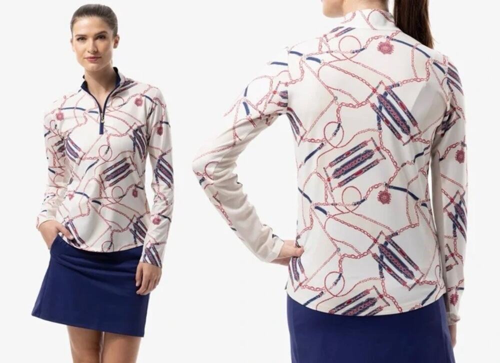 SanSoleil Women's Sz L Golf Solcool Print Mock Neck 1/4 Zip Touch of Class